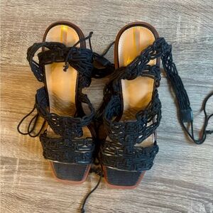 Sam Edelman Black Macrame Lace-Up high heels with funky heel